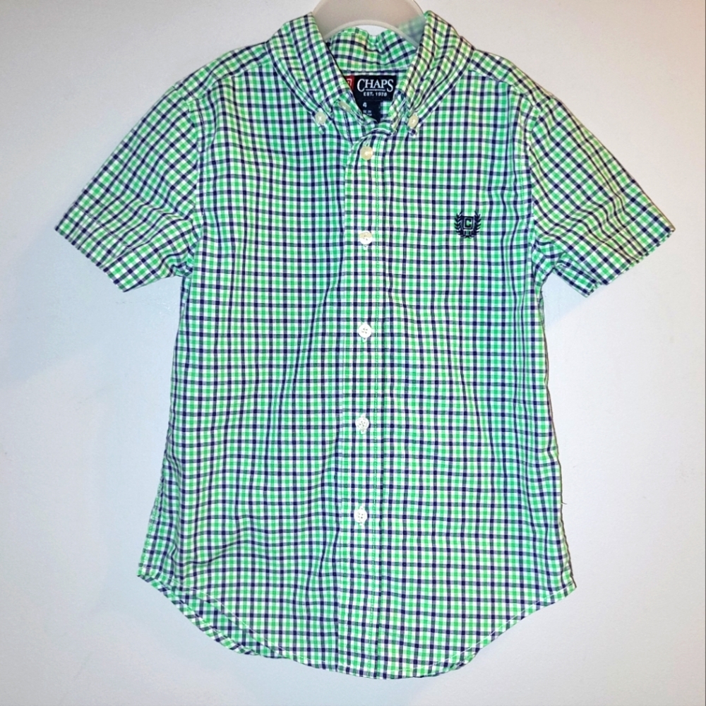 Chaps Ralph Lauren Boys Sz 4 Purple Green Check Button Down Short Sleeved Shirt